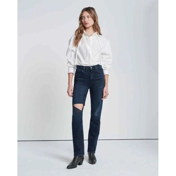 7 For All Mankind Easy Slim Jeans Womens 28 Dark Wash Ripped Knee - Picture 1 of 7